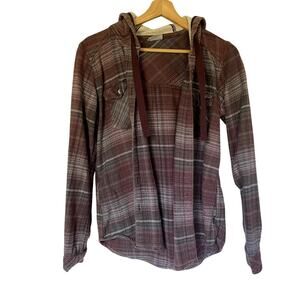 Columbia button down checkered shirt fleece hood women's small cotton purple